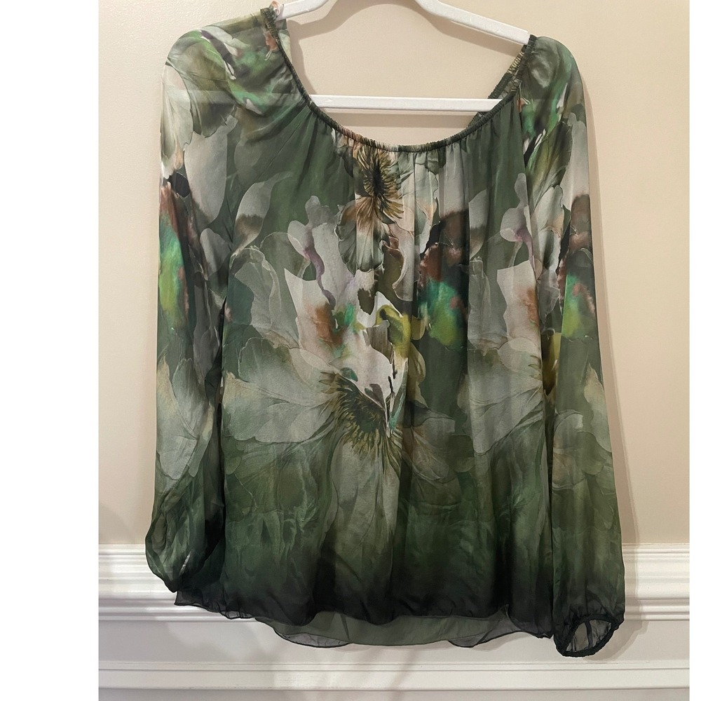 Tempo Paris Size XL Green Floral Silk Blend Blouse Artsy Romantic Fairy Fall